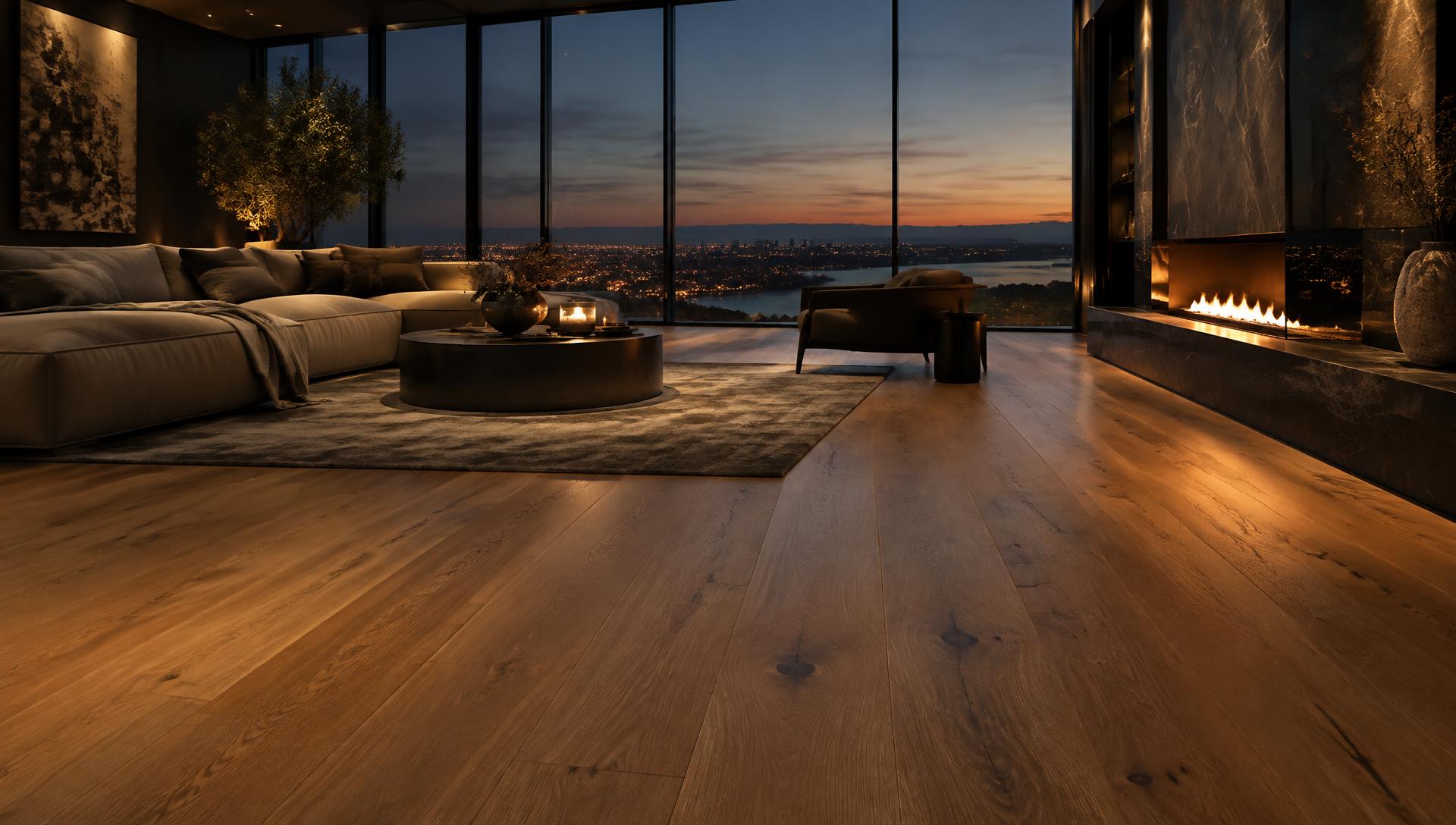 Luxury living room with wide-plank wood-look flooring at dusk